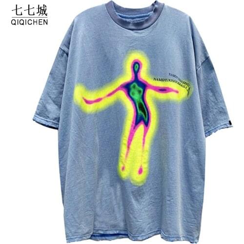 Summer T-shirt Men Colorful Illusion Portrait Print Oversized T-shirt Men Vintage Distressed Tee Tops Casual Hip Hop Streetwear