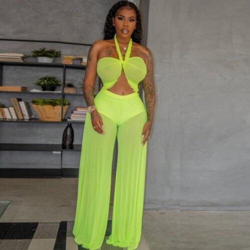 Bikini Set Swimwear Women Halter Crop Tops And Pant Suits 2021 Summer New Solid Color Mesh Splice Sexy Beach Bathing Bikinis Set