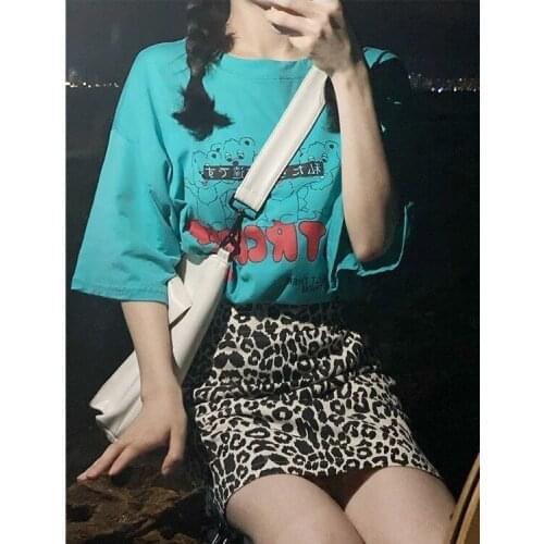 Set Girls 2020 New Printed Short Sleeve T-Shirt + High Waist Leopard Print Skirt Two Piece Set