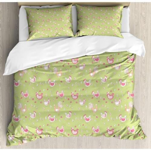 Hen and Chicks Duvet Cover Set Cartoon Pattern with Chicken and Rooster 3 Piece Bedding Set Avocado Green Pastel Pink Baby Pink