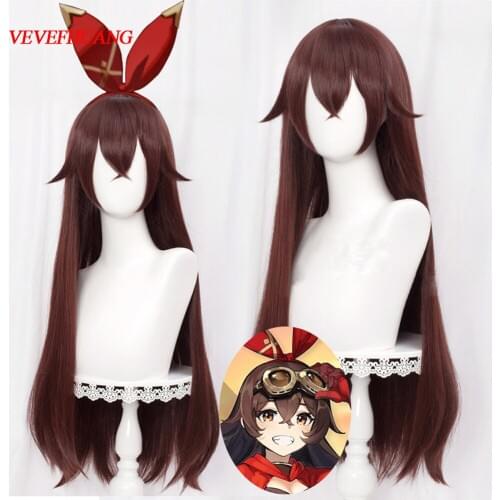 VEVEFHUANG Kосплей Genshin Impact Amber Cosplay парик аниме Wigs Game Long Brown Straight Bangs Heat Halloween Xmas Daily Party