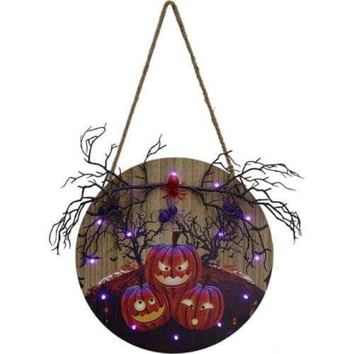 Halloween Pumpkin Hanging Door Sign with LED Light Wooden Wall Plaque Porch Ornament for Halloween Farmhouse Decorations