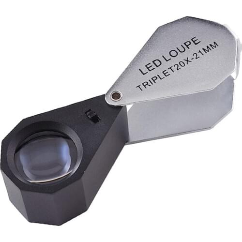 Foldable 20X Magnification Jewelry Loupe Magnifier + 6 LED light + 21mm Triplet Optical Glass Lens Jeweler Tools