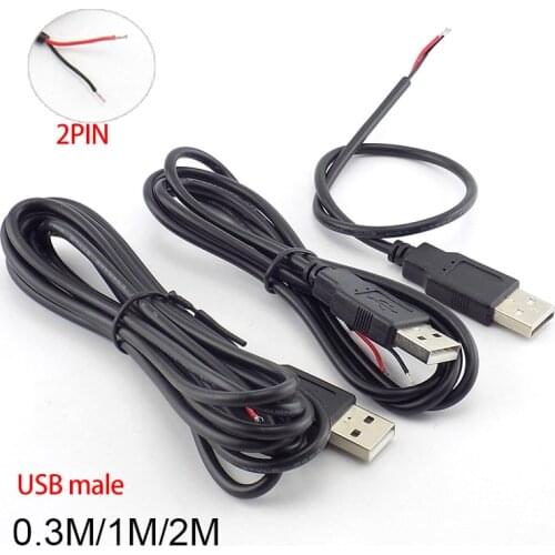 Diy USB Male Jack Connector Cable 2 Pin 2 Wire 5V USB 2.0 Power supply Extension Cable Cord 0.3m/1m/2m Adapter Charger