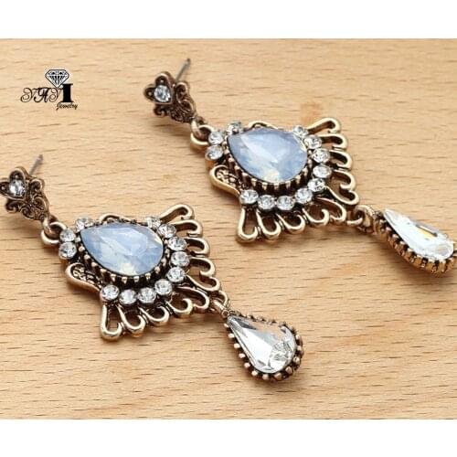YaYi Jewelry New Blue Glass Rhinestone Dangle Crystal Earring Womens Fashion Ancient Gold Color Gem Earrings Gift 1212