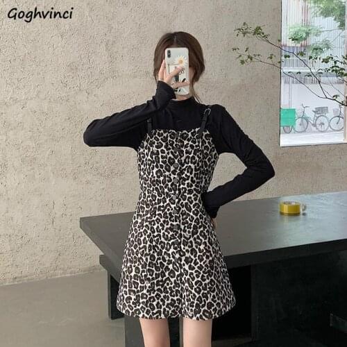 Sleeveless Dress Women Leopard Single Breasted Slash Neck Mini Short Dresses Sexy Shaped Slim Female Spaghetti Strap Club New