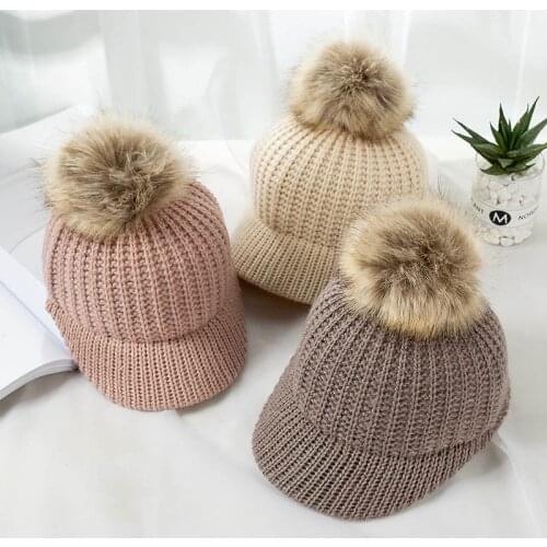 Winter Baby Hat Fur Pompom Ball Kids Knitted Baseball Cap Adjustable Solid Color Boys Girls Sun Hats Caps