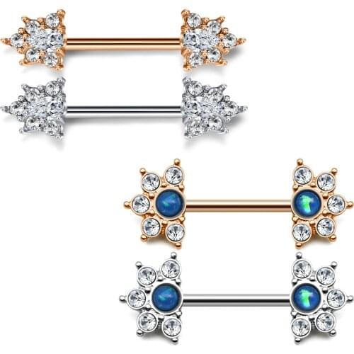 14G triangle clip zirconium & center point blue flower nipple ring 316L stainless steel CZ nipple perforated
