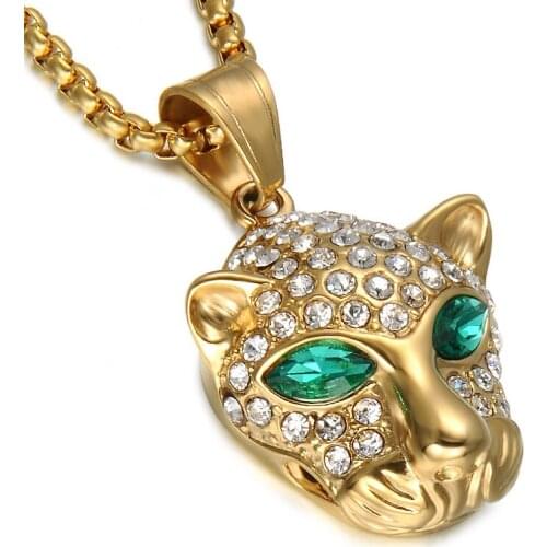 25*34mm stainless steel wild animal leopard head pendant necklace with Green crystal NK0249