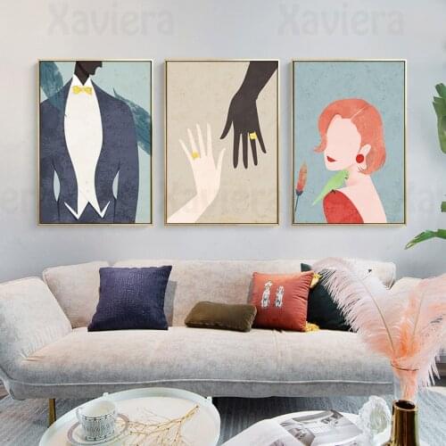 Abstract Fashion Girl Retro Poster Couple Hand Ring Minimalist Canvas Painting Wall Art Picture Modern Home Decoration Bedroom