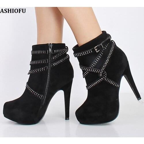 ASHIOFU Handmade Women Ankle Boots Night-club Party Prom High Heel Platform Boots Office Daily Wear Fashion Short Boots Shoes