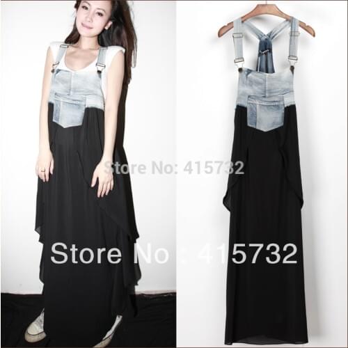 Free Shipping 2016 New Arrival Summer Denim And Layered Chiffon Patchwork Suspenders For Women Long Maxi Jeans Asymmetric Dress