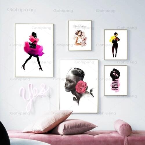 Canvas Painting Fashion Black Girl Flower Super Model Wall Art Posters And Prints Nordic Wall Pictures For Living Room Decor