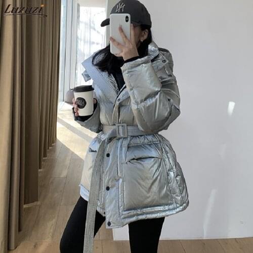 Luzuzi Winter White Duck Down Jacket Women Glossy Shiny Down Coat With Belt Female Puffer Parkas Hooded Waterproof Snow Outwear