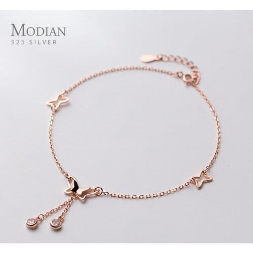 Modian Radiant Zircon Cute Butterfly Tassel Luxury Anklet for Women 925 Sterling Silver Adjustable Anklet Insect Fine Jewelry