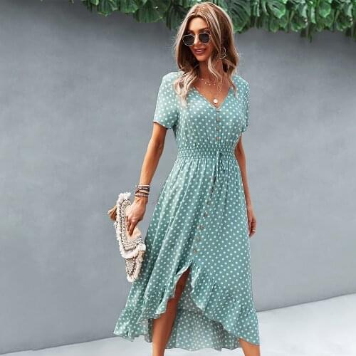 Fashion Holiday Short-sleeved Elegant Dress 2021 New Polka Dot Skirt Short Front And Long Mid-length Large Swing Skirt