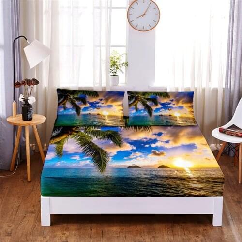 Beach Digital Printed 3pc Polyester Fitted Sheet Mattress Cover Four Corners with Elastic Band Bed Sheet Pillowcases