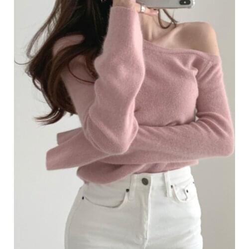 New Spring Autumn Fashion Women Knitted Bottoming Shirts Long-sleeved Sexy One Shoulder Slim Sweater Basic Female Pullover Tops