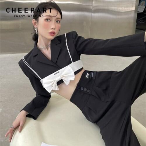 CHEERART Fall 2021 Womens High Fashion Black Cropped Blazer Set Women Long Sleeve Bow Designer Blazers And Jackets Coat Autumn