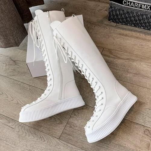 2021 Autumn New Knight Leather Boots Womens Fashion Thick-soled British Style Lace-up Boots But Knee-length Womens Boots