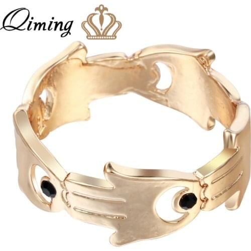 QIMING Gold Hand Hamsa Ring Womens fashion Jewelry Black Crystal Evil Eye 2018 New Fatima Fashion Ancient Jewelry Girls Rings