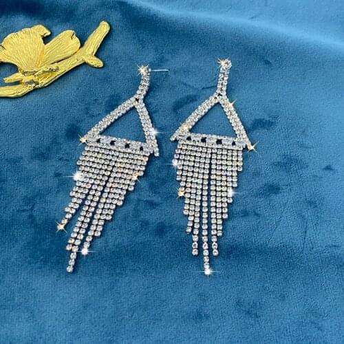 Bride Fashion Simple Triangle Metal Rhinestone Long Tassel Earrings Womens Fashion Party Jewelry Accessories Wholesale