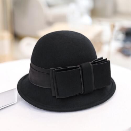 H288 Autumn Winter Woolen Ladies Fedoras Hat Women British Retro Wool Felt Cap Women Korean Fashion Bowknot Elegant Simple Hats