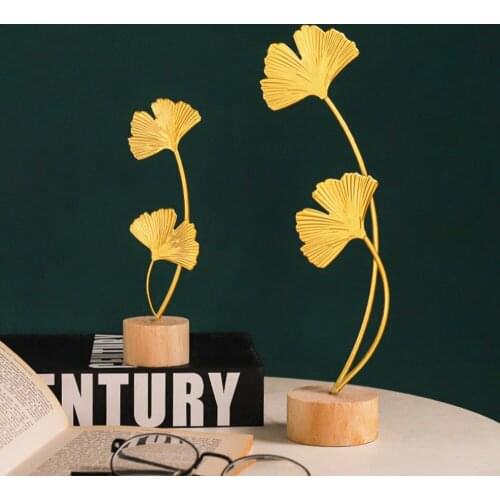 Nordic Golden Ginkgo Leaf Ornaments Wrought Iron Exquisite Home Decor Creative Metal Crafts Wooden Base Imitation Plant Ornament