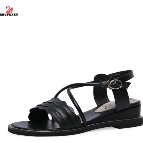 SKLFGXZY Black White Summer New Arrival Women Sandals Fashion Genuine Leather Womens Shoes Cowhide Wedge Sandals