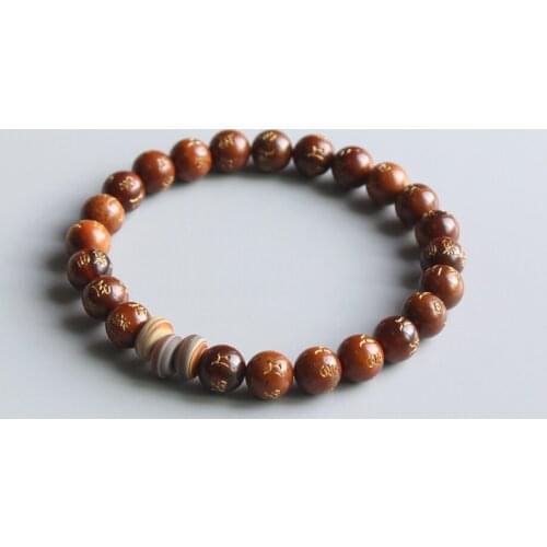 Tibetan Buddhist Mala Beads Natural Wood Carved Six True Mantra Words Bracelets Unisex OM Healing Jewelry Prayer Lucky Bracelet