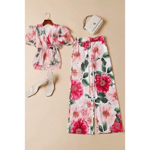 European and American womens clothing new 2021 spring Short sleeved v-neck floral print shirt Wide-legged pants Fashion suit