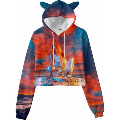 Ava Max 3D Print Cat Ears Hoodie Tops Women Fashion Exposed navel Cat Ears Pullover 3D Casual Cool Hoodies Streetwear Girls Tops