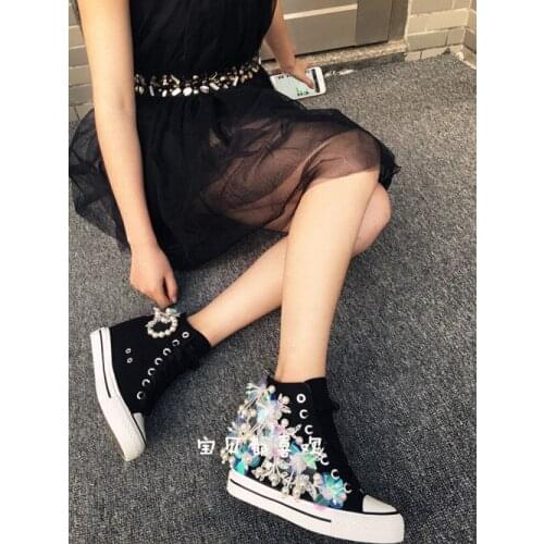 Sequins flower tassels inner heightening canvas shoes lace high top wedges womens shoes casual shoes