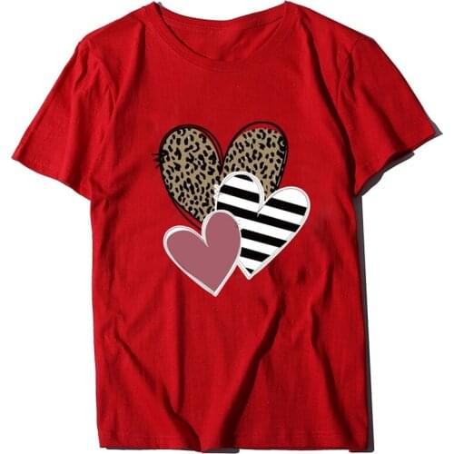 Womens Valentines Day Leopard Stripe Love Heart Print Round Neck Short Sleeve T-Shirt Top