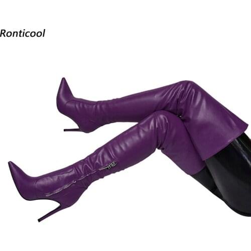 Ronticool Handmade Women Winter Thigh High Boots Side Zipper Sexy Thin High Heels Pointed Toe 8 Colors Shoes Women Us Size 5-15