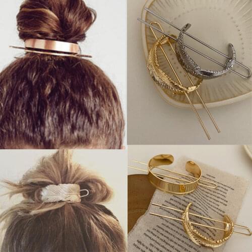 Gold Silver Metal Leaves Hair Stick Personality Half Circle Hairpin Bun Ponytail Pin Hair Styling Clips Elegant Headdress