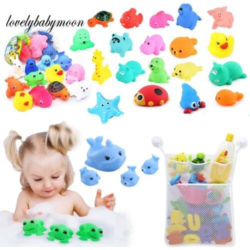 1 Set Cute Animals Swimming Water Toys Colorful Soft Rubber Float Squeeze Sound Squeaky Bathing Toy & Network Bag Baby Bath Toys