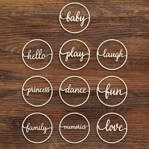 10pcs Wooden Baby Love Dance Family Fun Play Hello Princess Laugh Word Sign Round Wood Circle Script Word Sign Wall Decoration