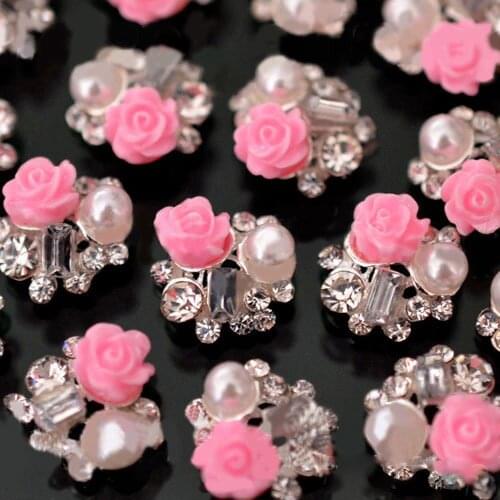 10Pcs Manicure Pink Rose Flower Faux Pearl Decor Glitter Rhinestone DIY Nail Art Stickers Decoration