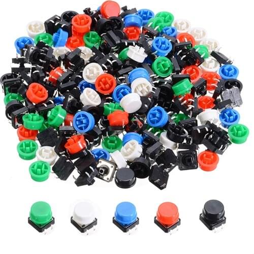 100pcs Plastic Tactile Switch PCB Tact Push Button Momentary Switch 4 Pins + 5 Color Button Cap 12*12*7.3mm Mayitr