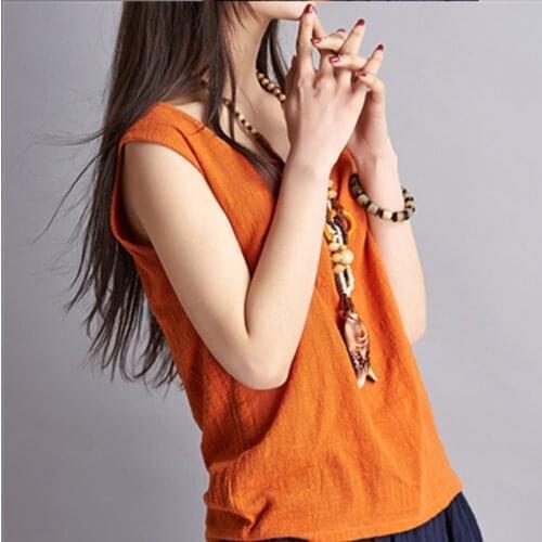 2016 spring/summer New Womens literary Linen Tanks Tops Sleeveless vest Solid color O-neck Chinese national Style Casual