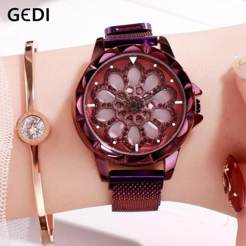 GEDI Fashion Unique Design Watch Women Top Luxury Brand Female Quartz Wristwatch Gift for Women Magnet Mesh Belt reloj mujer
