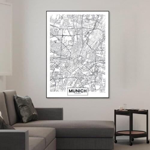 Famous City Map Germany Munich Print Canvas Painting Wall Art Pictures Black White Posters and Prints Living Room Home Decor