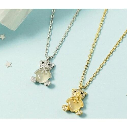 KOFSAC New Cute Cartoons Bear Pendant Women Gold Color Jewelry Zircon Crystal Heart Necklaces Girl Birthday Present