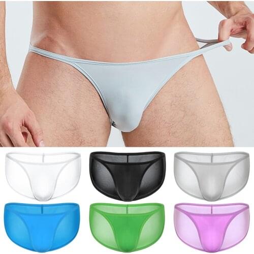 Men Briefs Sexy Mesh Low Rise Briefs Tight Underwear See-through G-String Thongs Solid Color U Convex Pouch T-Back Underpants
