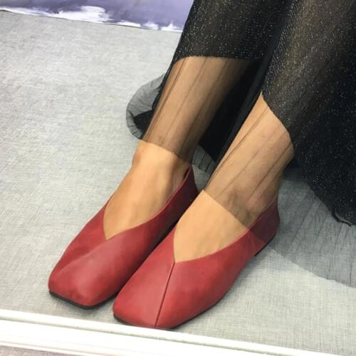 New 2020 handmade shoes for women genuine leather shallow mouth shoes female flat shoes square head old casual ballet shoes