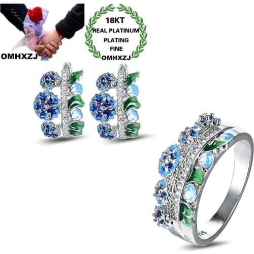 OMHXZJ Wholesale JE51 Fashion Fine Woman Girl Party Birthday Wedding Gift Flower 18KT White Gold Drop Earrings+Ring Jewelry Set