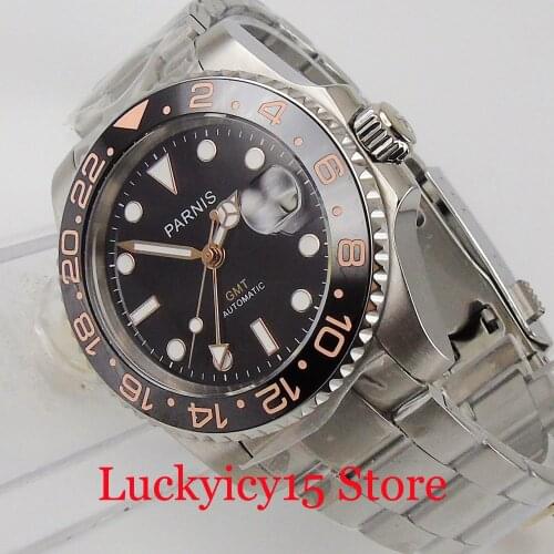 PARNIS Luxury Business GMT Mechanical 40mm Mens Watch Sapphire Glass Stainless Steel Bracelet