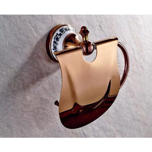 Luxury Rose Gold Brass Ceramic Flower Pattern Base Wall Mounted Bathroom Toilet Paper Roll Holder Bathroom Accessory mba385