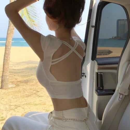 JMPRS Sexy Backless Women T Shirt Summer Short Sleeve Elastic O Neck Black White Tees Casual Skinny Ladies Short Tops New 2021